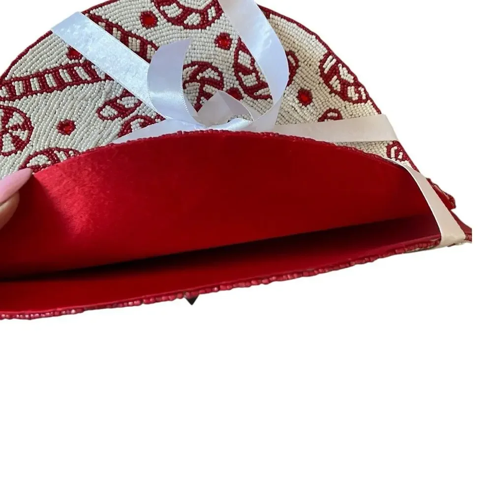 2pc Tahari Candy Cane Beaded Placemats 15in Christmas Holiday Red White New